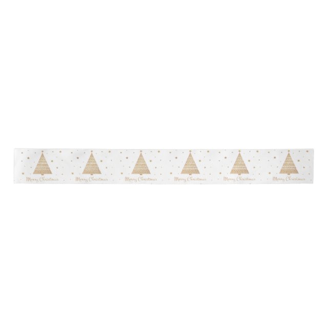 Elegant White Gold Merry Christmas Tree Stars  Satin Ribbon (Front)