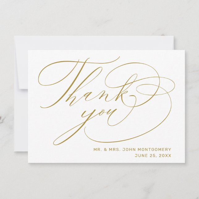 Elegant White Gold Modern Script Wedding Thank You Card (Front)