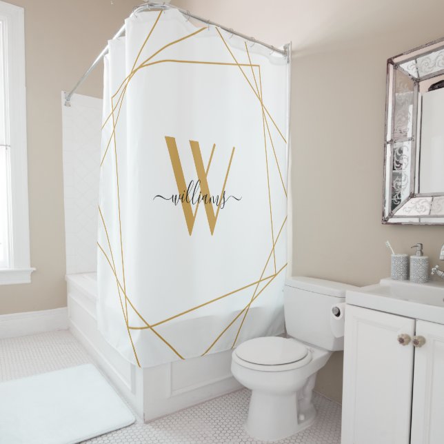 Elegant White Gold Monogram Geometric Name Script Shower Curtain (In Situ)