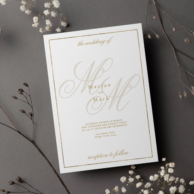 Elegant white gold monogram initials wedding  invitation (Elegant white gold monogram initials wedding)