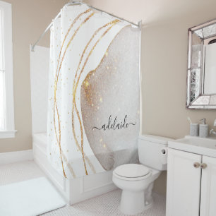 Elegant White Gold Monogram Signature Script Name Shower Curtain