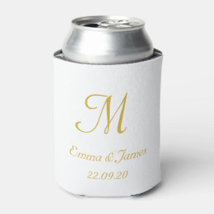 Elegant White Gold Monogram Wedding Party Favor  Can Cooler