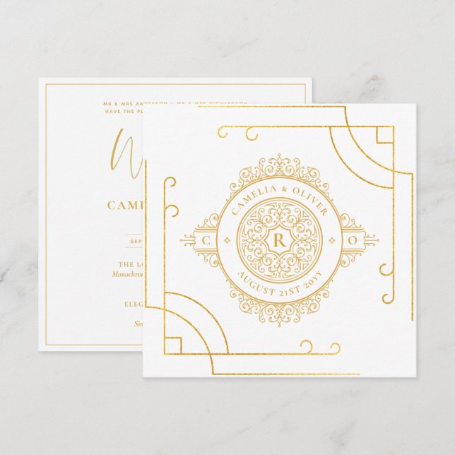 Elegant White Gold Ornate Square WEDDING Classic Invitation (Front/Back)
