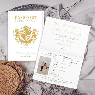 Elegant White & Gold Passport Destination Wedding  Invitation