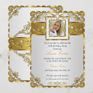 Elegant White Gold Pearl Damask Photo Birthday 3 Invitation