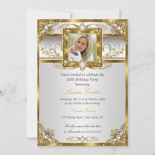 Elegant White Gold Pearl Damask Photo Birthday 4 Invitation (Front)