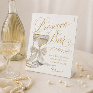 Elegant White Gold Pearls and Prosecco Bar Pedestal Sign