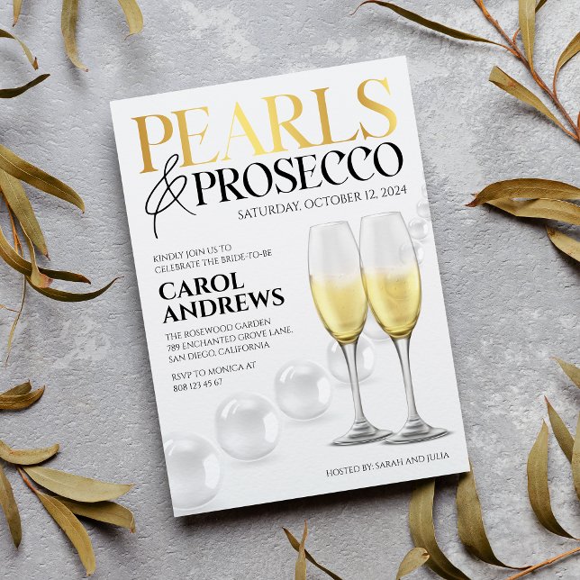 Elegant White Gold Pearls & Prosecco Bridal Shower Invitation (Creator Uploaded)