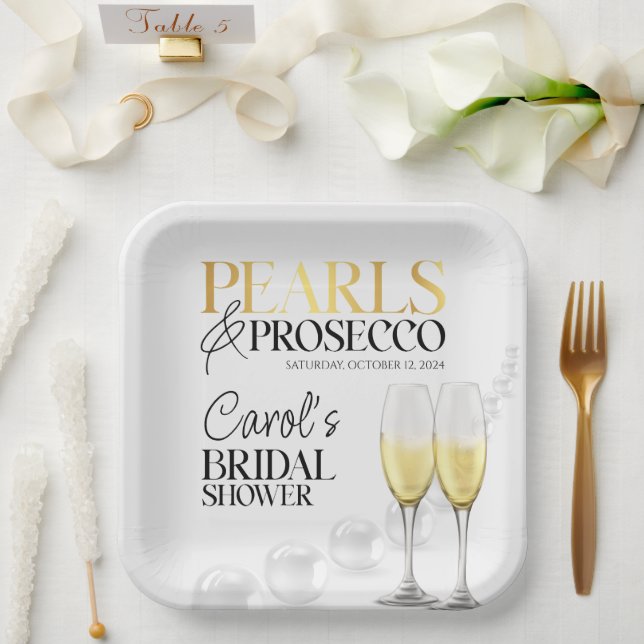 Elegant White Gold Pearls & Prosecco Bridal Shower Paper Plate (Wedding)