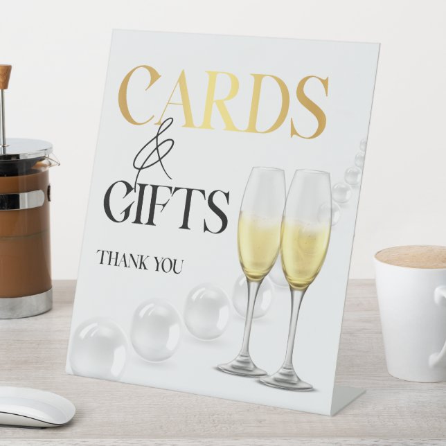 Elegant White Gold Pearls & Prosecco Bridal Shower Pedestal Sign (In SItu)