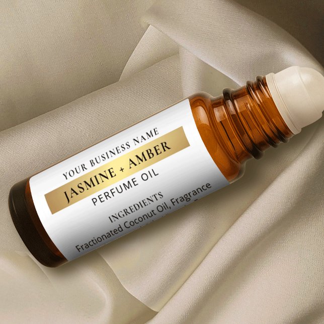 Elegant White & Gold Perfume Roller Bottle Labels (Elegant white and gold perfume oil roller bottle wraparound label with faux gold effects)