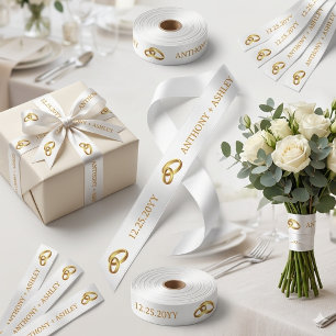 Elegant White Gold Personalised Wedding Ribbon Satin Ribbon