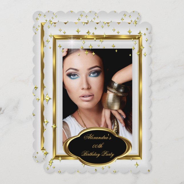 Elegant White Gold Photo Birthday Party 3 Invitation (Front/Back)