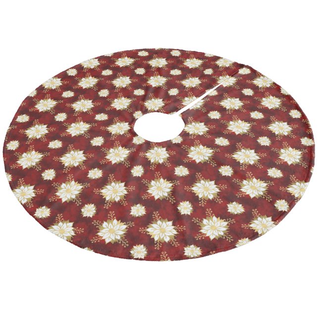 Elegant White Gold Poinsettia Flower Red Christmas Fleece Tree Skirt (Angled)