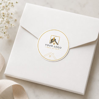 Elegant White Gold Real Estate Logo Classic Round Sticker