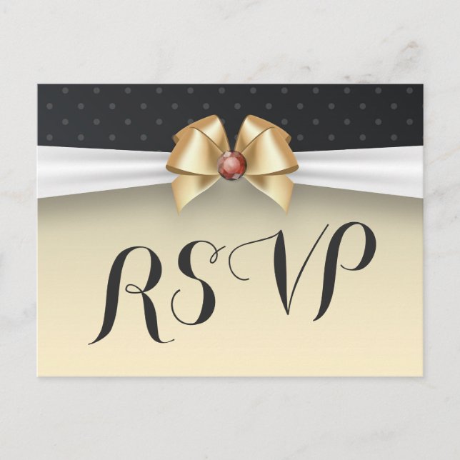Elegant White Gold Ribbon Red Diamond Wedding RSVP Invitation Postcard (Front)