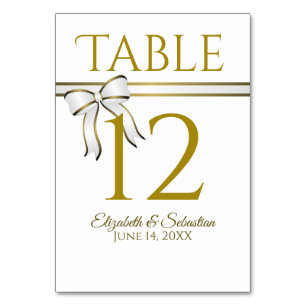 Elegant White & Gold Ribbon Wedding Table Number