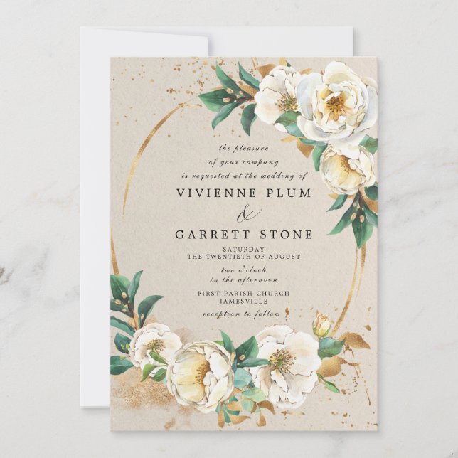 Elegant White Gold Rose Floral Wedding Invitation (Front)