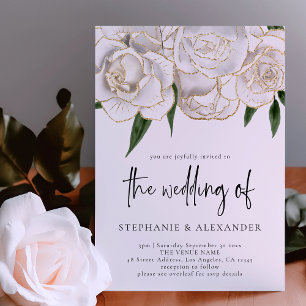 Elegant White Gold Rose QR Code Wedding Invitation