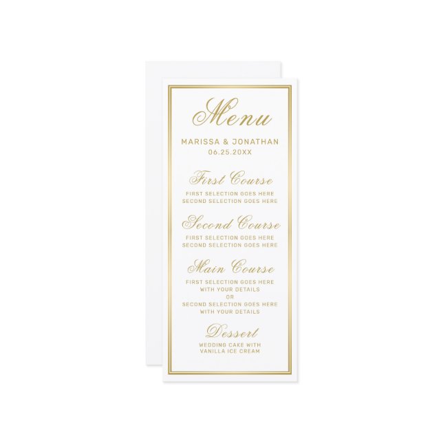 Elegant White Gold Script Chic Wedding Menu (Front/Back In Situ)