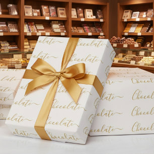 Elegant White Gold Script Chocolate Business Wrapping Paper