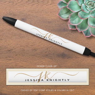 Elegant White Gold Script Monogram Initials Name Black Ink Pen