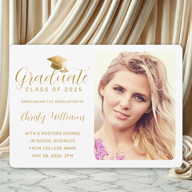 Elegant White Gold Script Photo College Graduation Announcement (White and Gold Photo Graduation Announcement for College Grads)