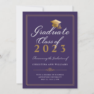 Elegant White Gold Script Purple College Graduate Announcement