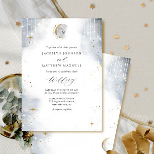 Elegant White Gold Silver Celestial Starry Wedding Invitation