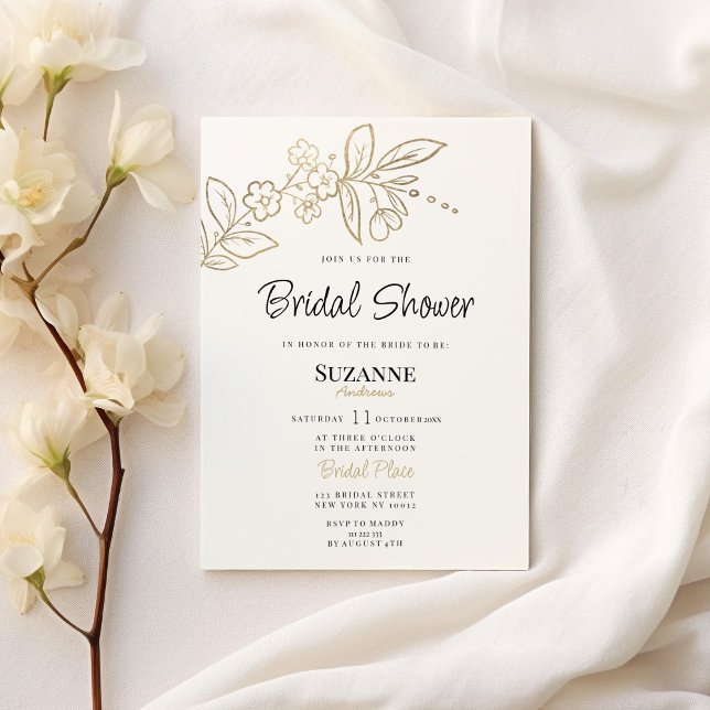 Elegant white gold simple floral Bridal Shower Invitation (Elegant white gold simple floral Bridal Shower )