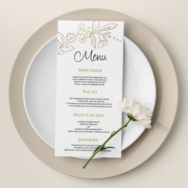 Elegant white gold simple floral Wedding Menu (Elegant white gold simple floral Wedding Menu)