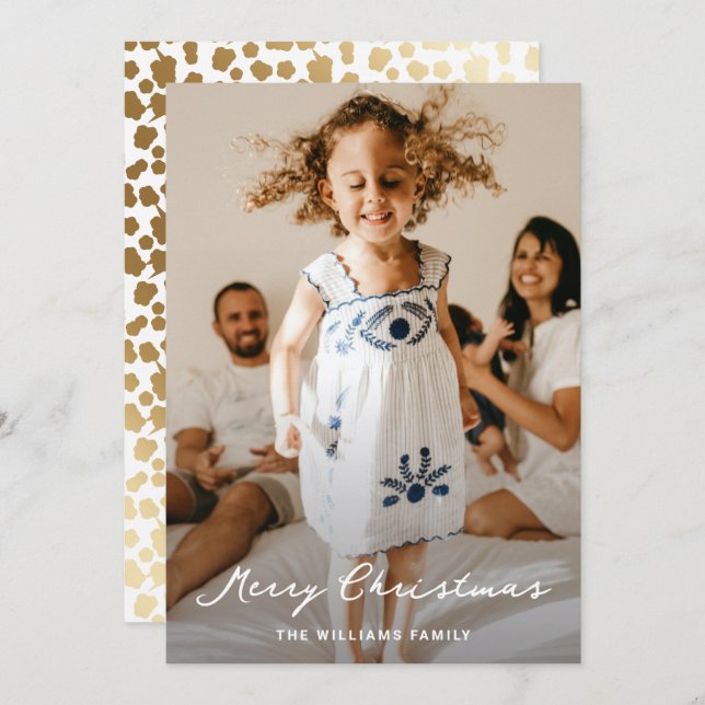 Elegant White Gold Stars Script Photo Christmas Holiday Card (Front/Back)