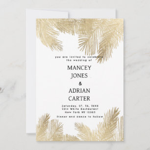 Elegant white gold tropical palm tree wedding invitation