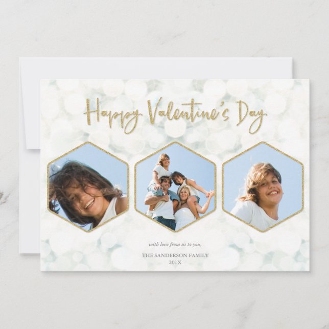 Elegant White + Gold Valentine's Day Triple Photo Holiday Card (Front)