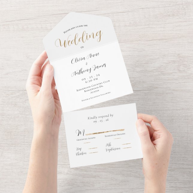 Elegant White & Gold Wedding All In One Invitation (Tearaway)