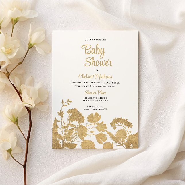 Elegant white gold wildflower luxury Baby Shower Invitation Postcard (Elegant white gold wildflower luxury Baby Shower )