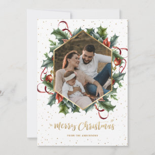 Elegant White Gold Wreath Photo Christmas Cards
