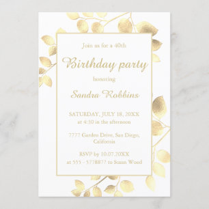 Elegant white golden leaves birthday invitation