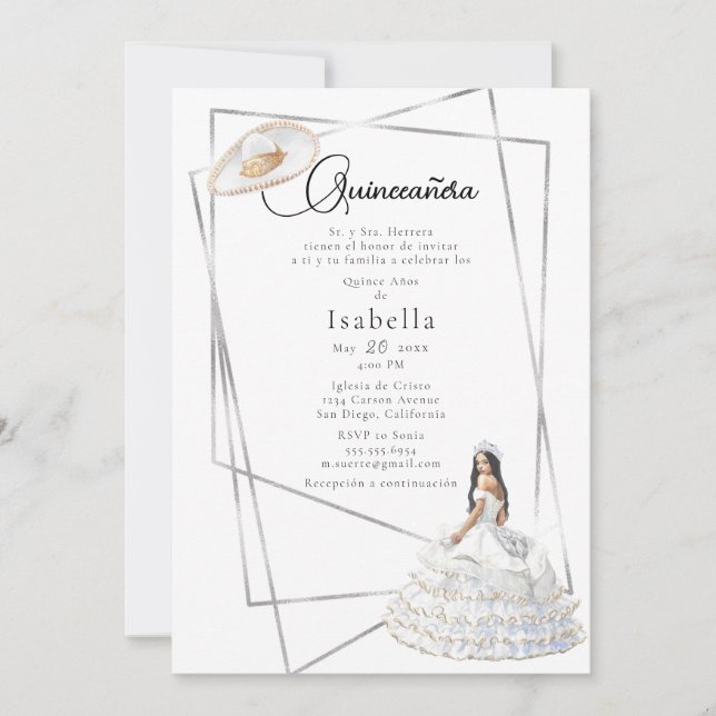 Elegant White Gown and Sombrero Quinceañera Invitation (Front)