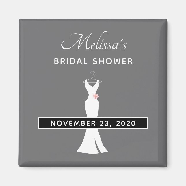 Elegant White Gown on Grey - Stylish Bridal Shower Magnet (Front)