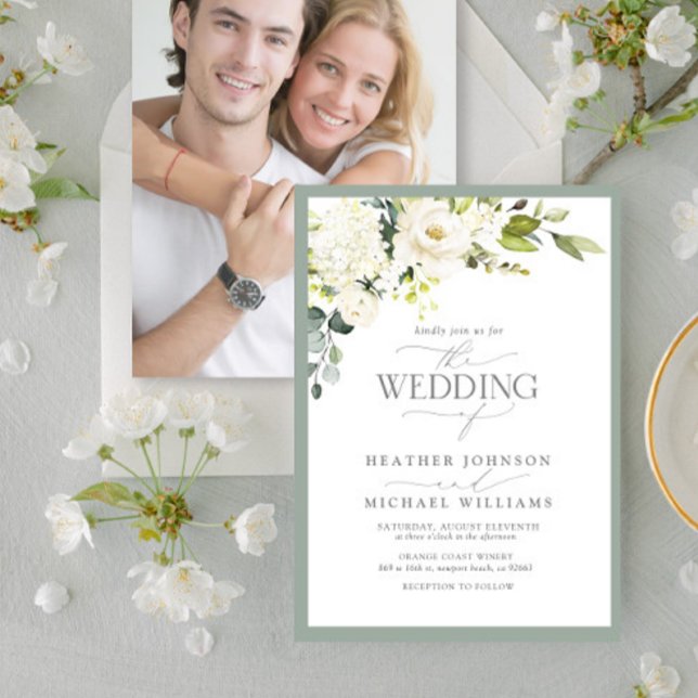 Elegant White Gray Green Floral Watercolor Photo Invitation (Creator Uploaded)