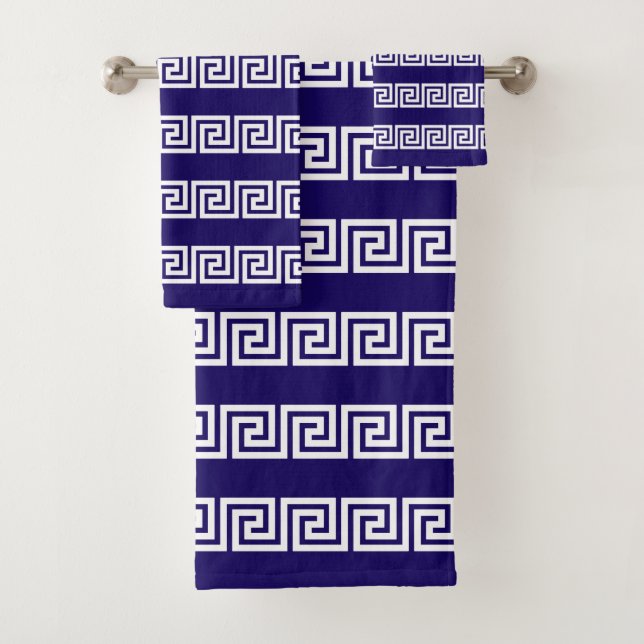 Elegant White Greek Pattern on Navy Blue Bath Towel Set (Insitu)