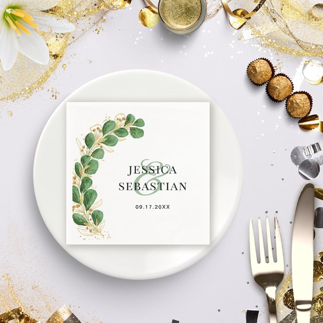 Elegant White Green and Gold Eucalyptus Wedding Napkin (Creator Uploaded)