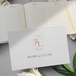 Elegant White Green Coral Pink Monogram Wedding Guest Book