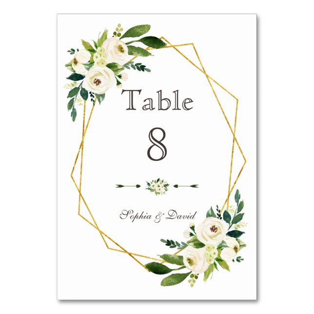 Elegant White Green Floral Gold Frame Table Number (Front)