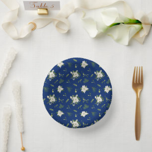 Elegant White Green Floral Illustrated on Navy Paper Plate