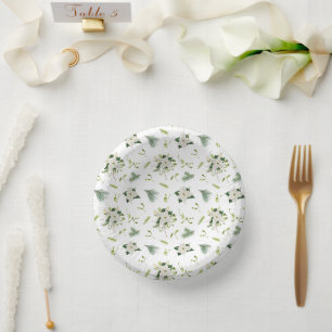 Elegant White Green Floral Illustrated Pattern Paper Plate