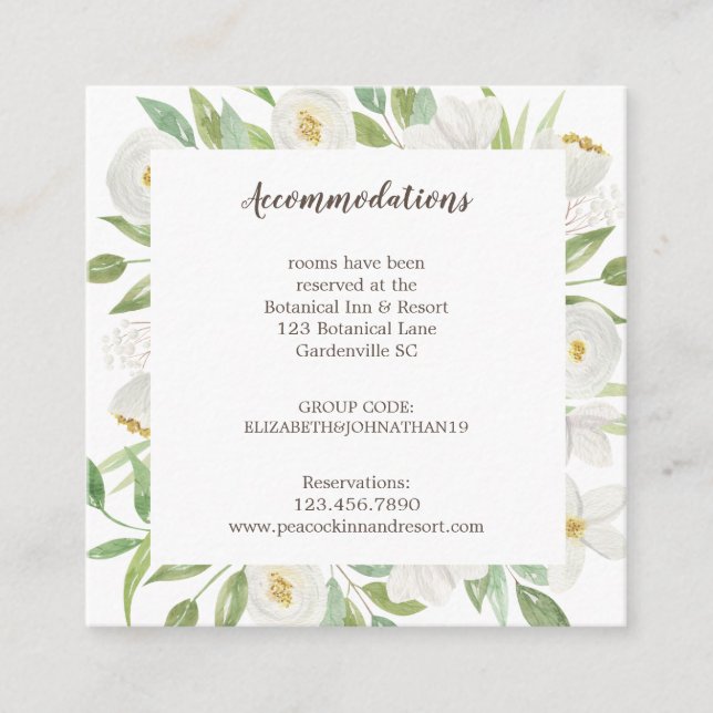 Elegant White & Green Floral Wedding Accommodation Enclosure Card (Front)