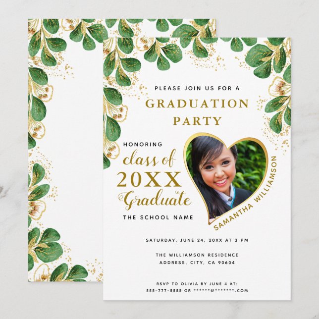 Elegant White Green Gold 2025 Photo Graduation Invitation (Front/Back)