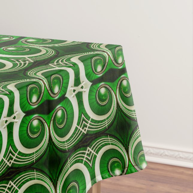 Elegant white green mirrored spiral pattern tablecloth (In Situ)
